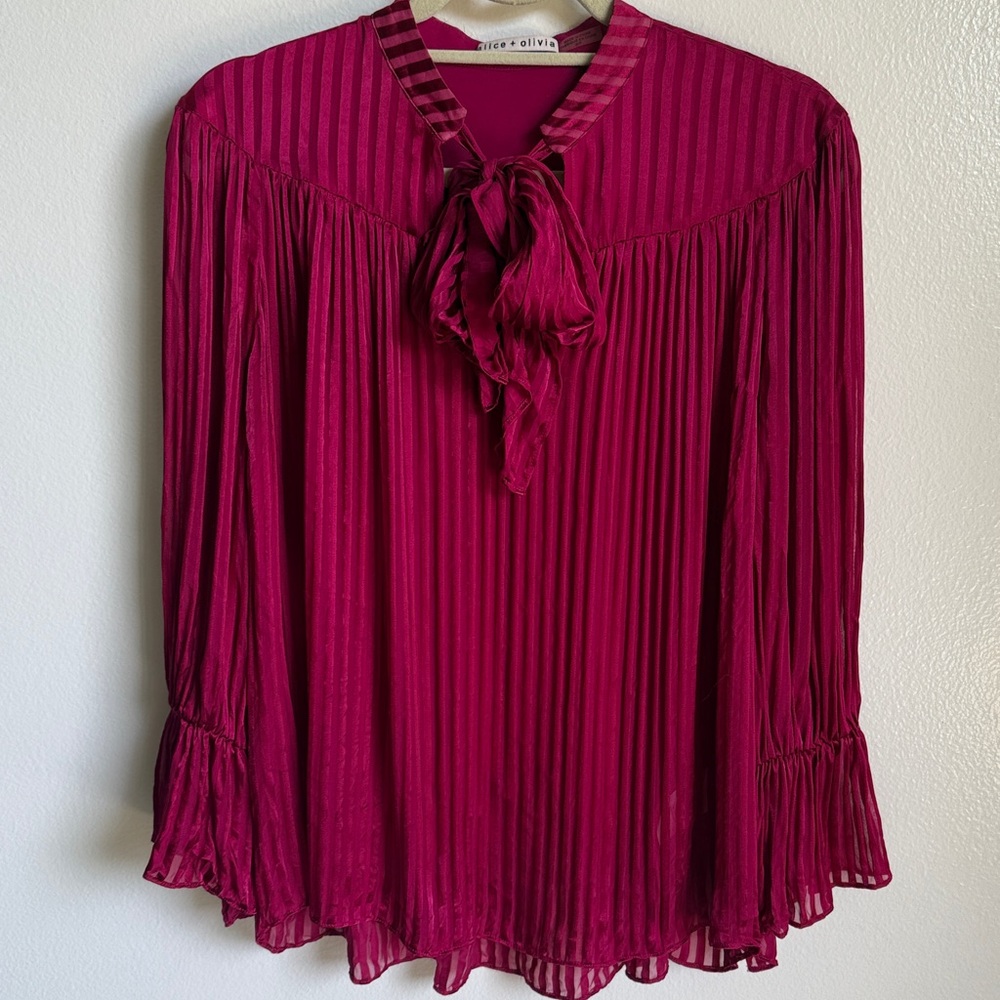 Alice + Olivia Fuchsia Pink Striped Long Sleeve Blouse, Bow, Small Petite